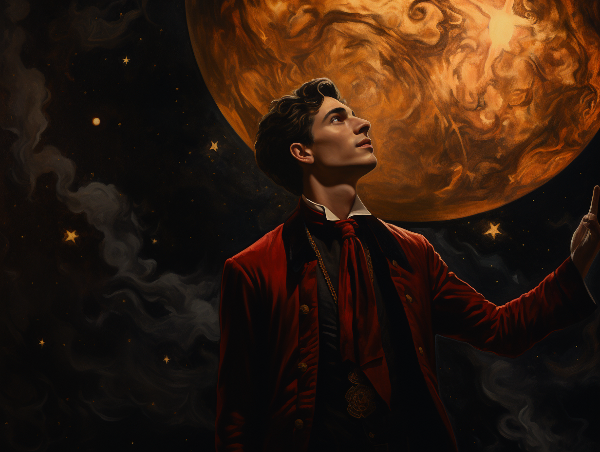 Man gazing at moon in symbolic crimson and gold