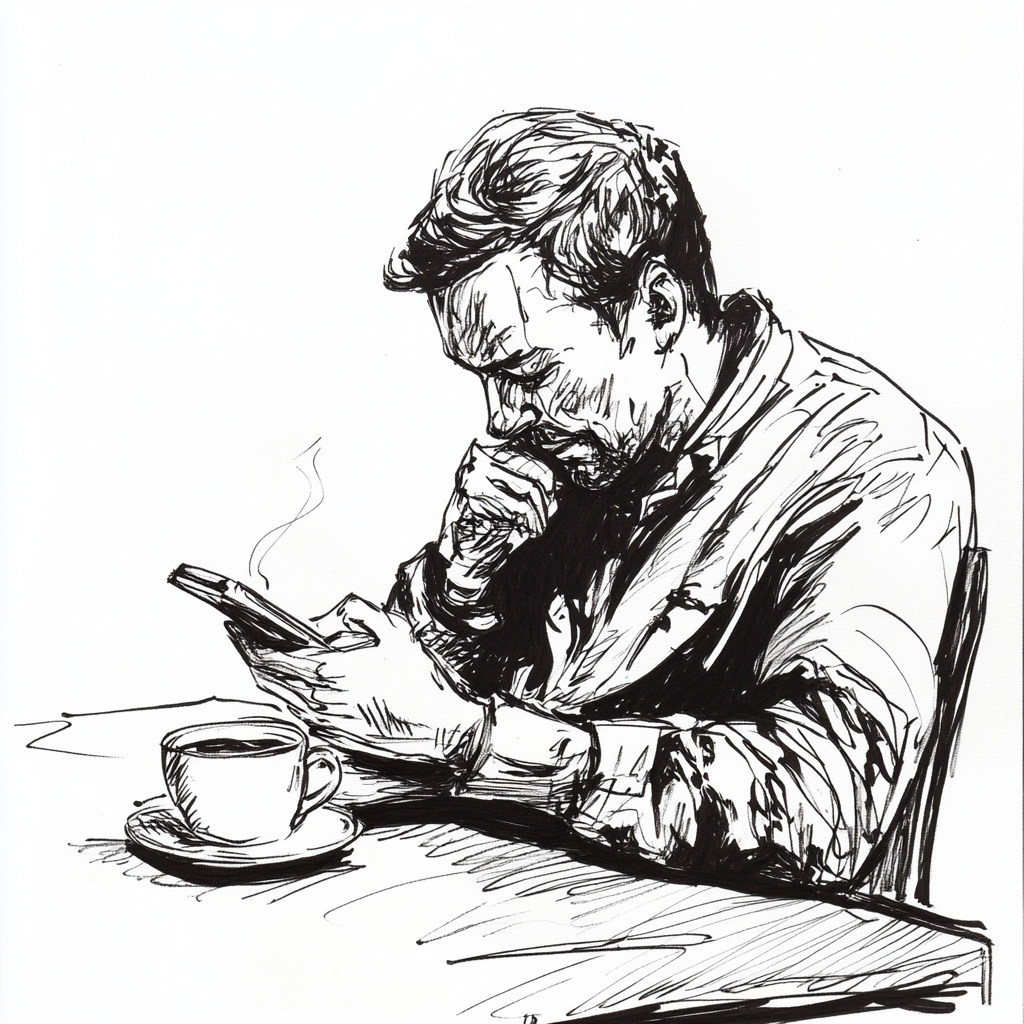 Man reading cellphone over morning coffee