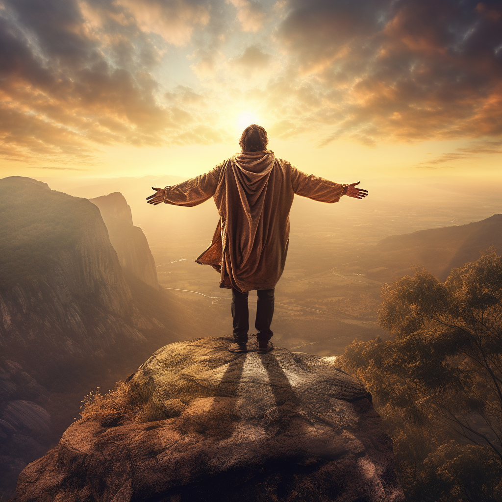 man on mountain embracing sunrise