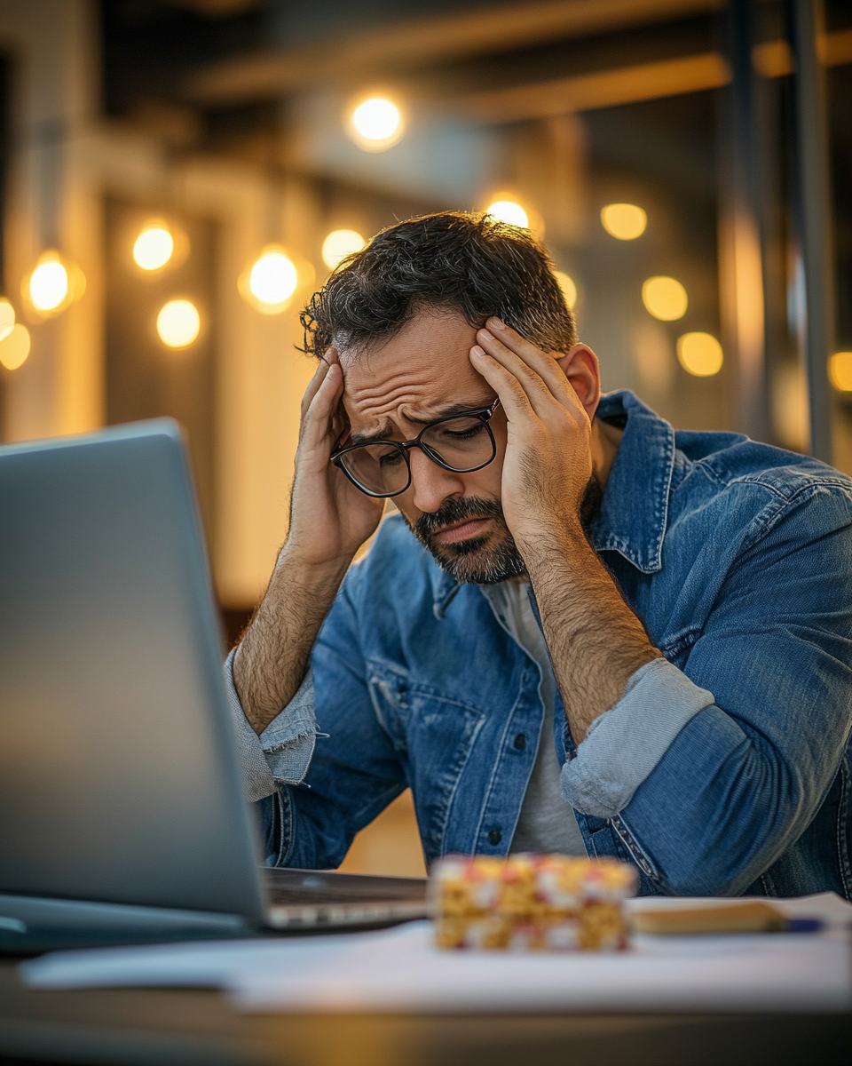 Sad Man Working Laptop Chips