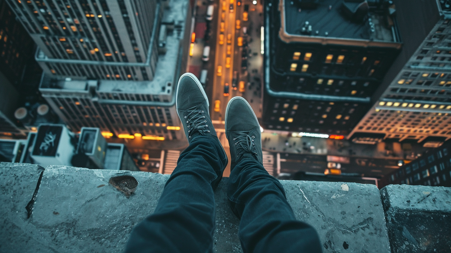 Man on ledge looking down at feet and street