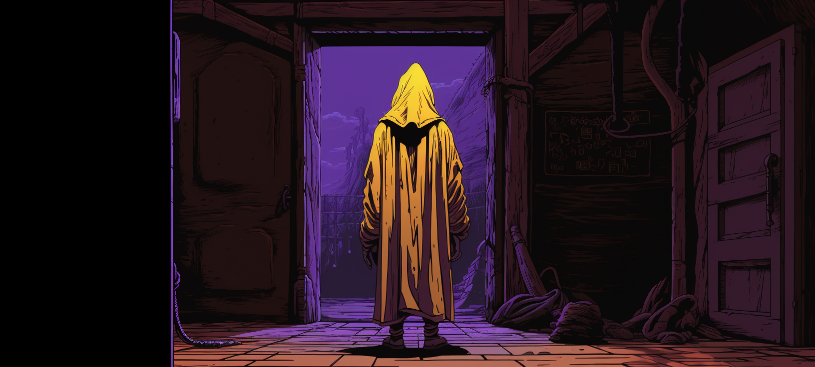 Man in White Hooded Cloak Opens Wooden Door