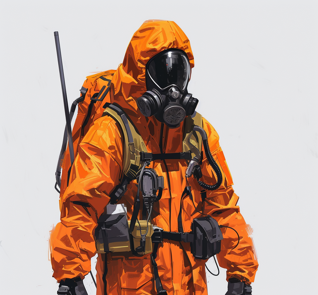 Man in Orange Hazmat Suit with Gas Mask and Bulletproof Vest