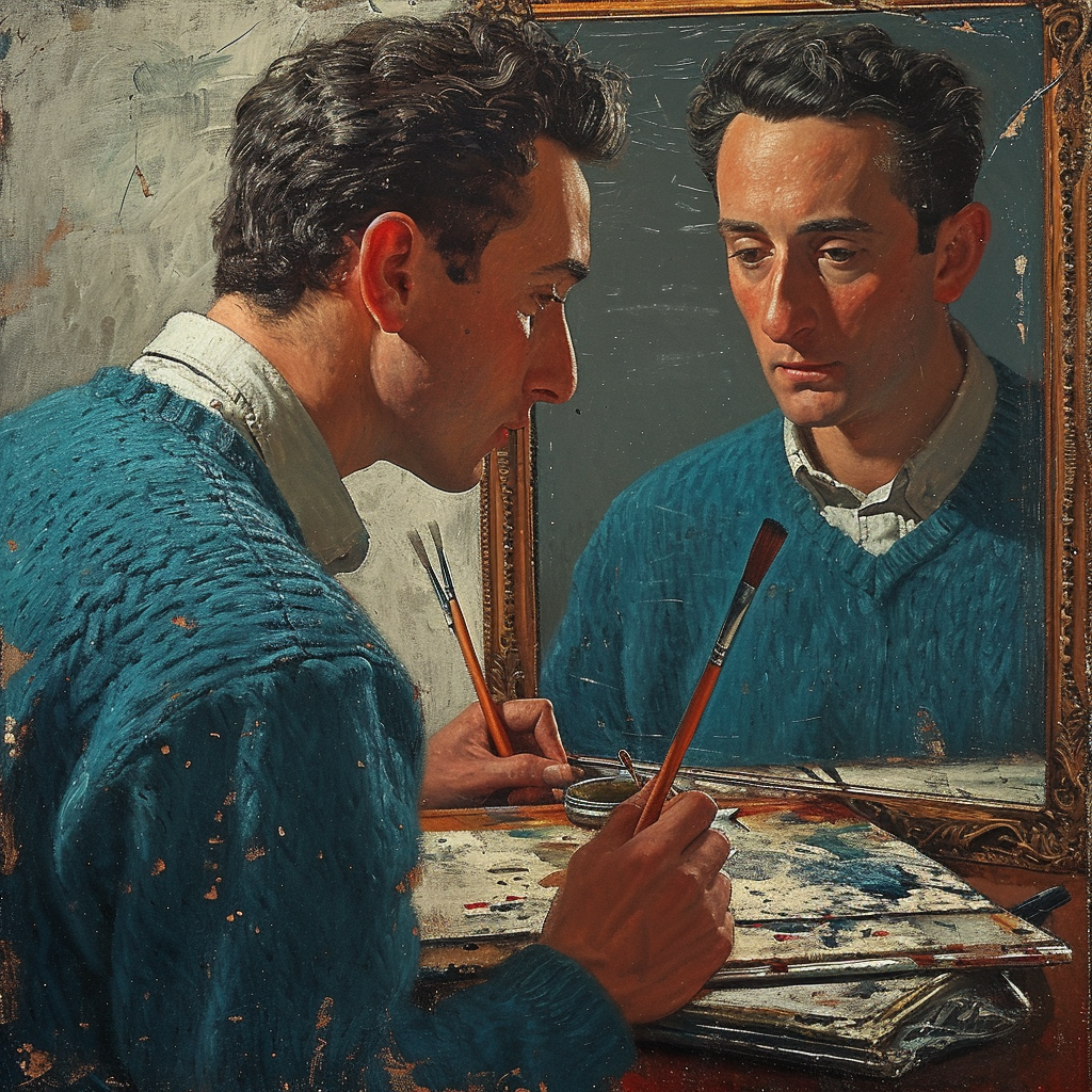 Man painting himself in mirror