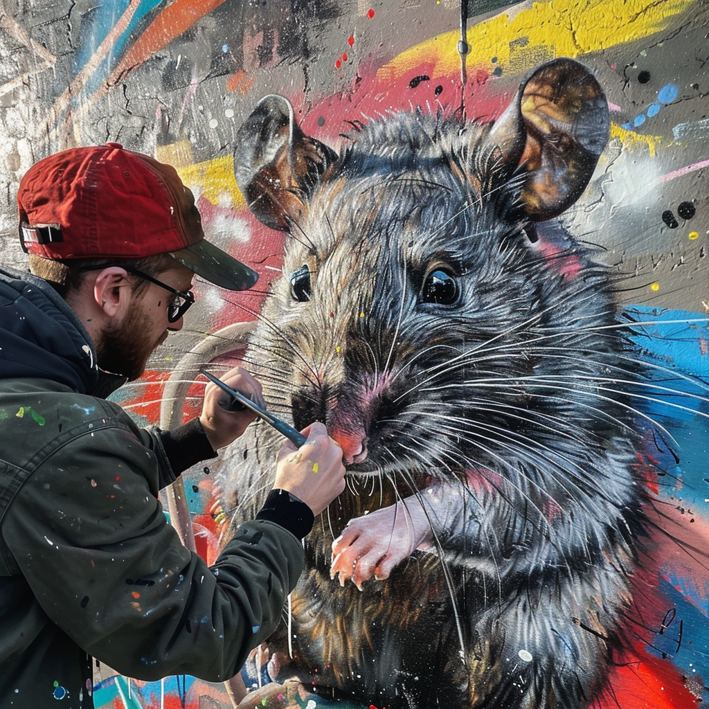 man painting rat graffiti wall