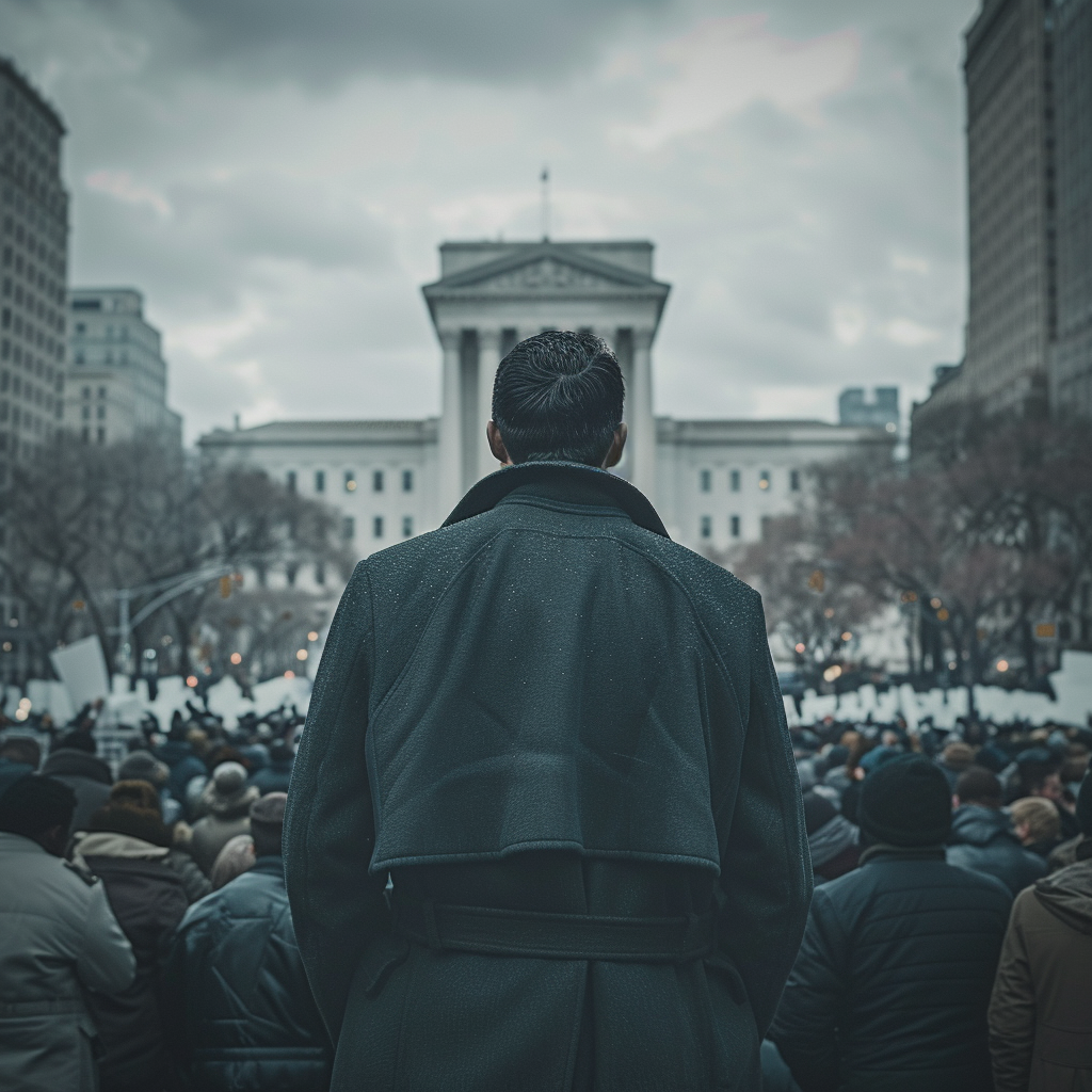 man in peacoat protestors Manhattan courthouse