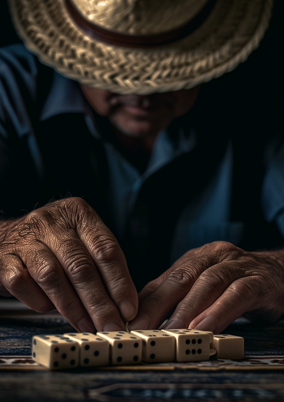 Man playing domino with Panama hat and double 6