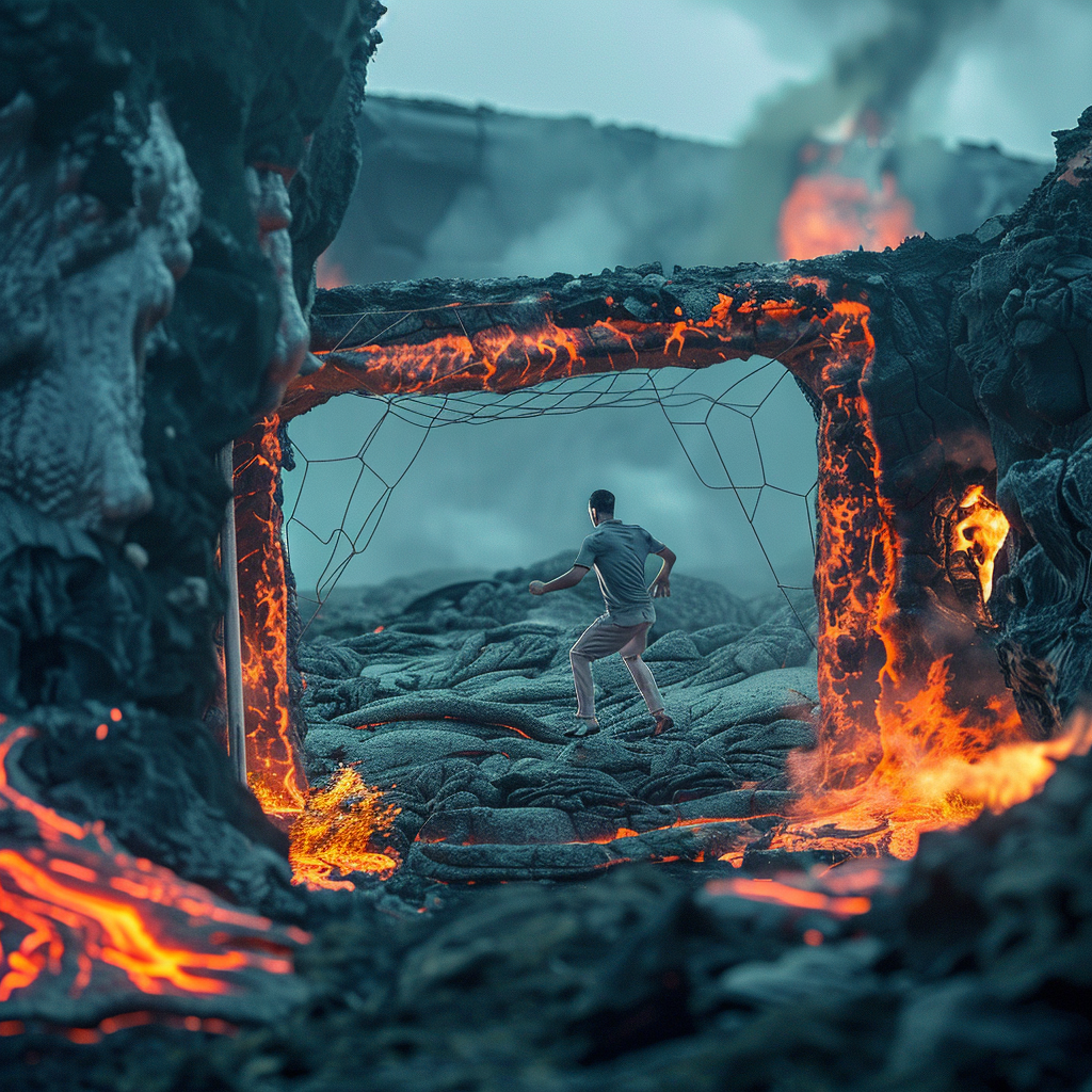 man playing football volcano