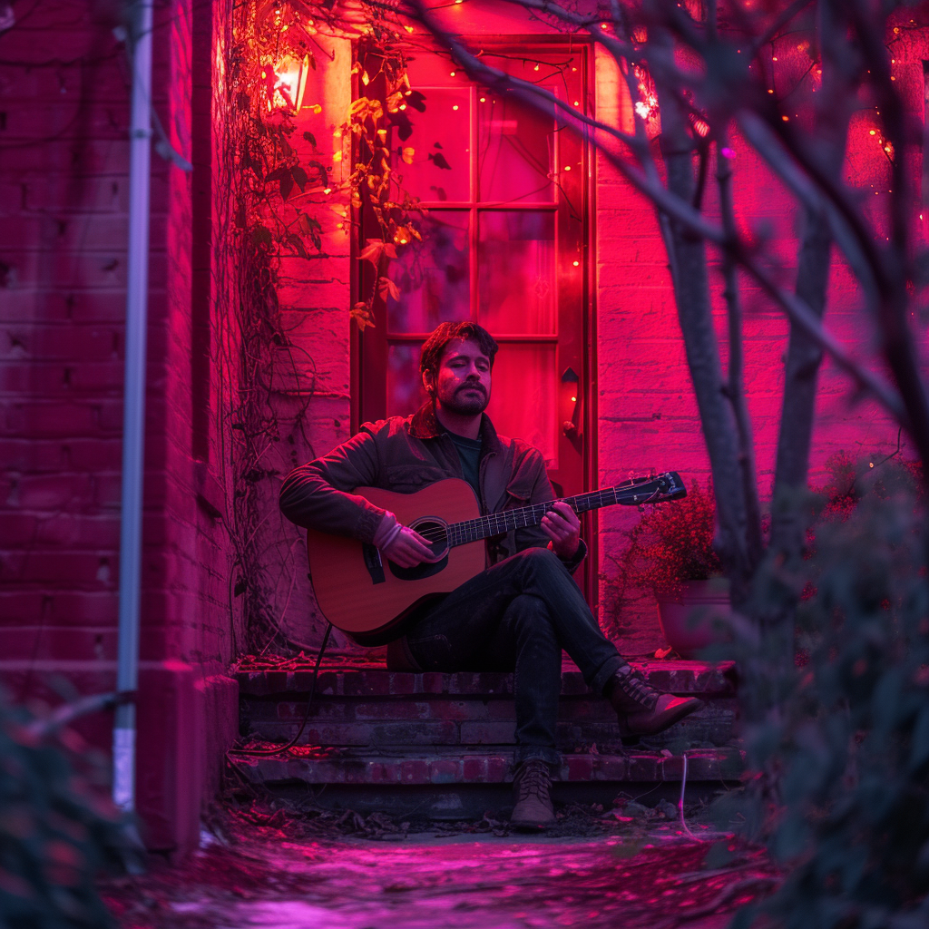 Man playing guitar against red brick building