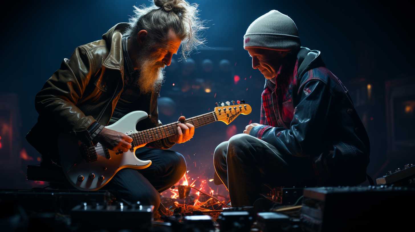 Man Playing PS5 Near Punk Band Drummer