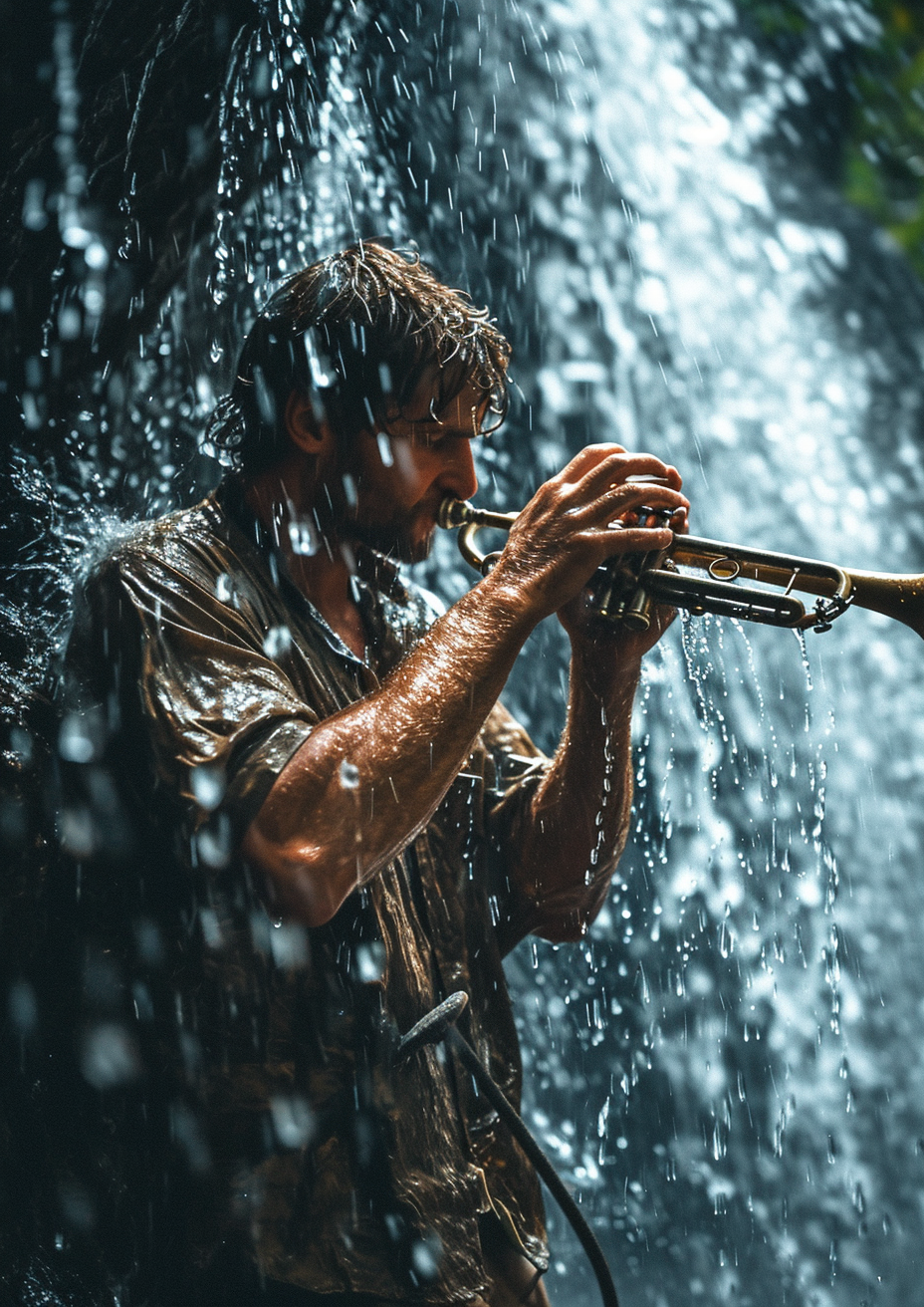 Man playing trumpet in waterfall