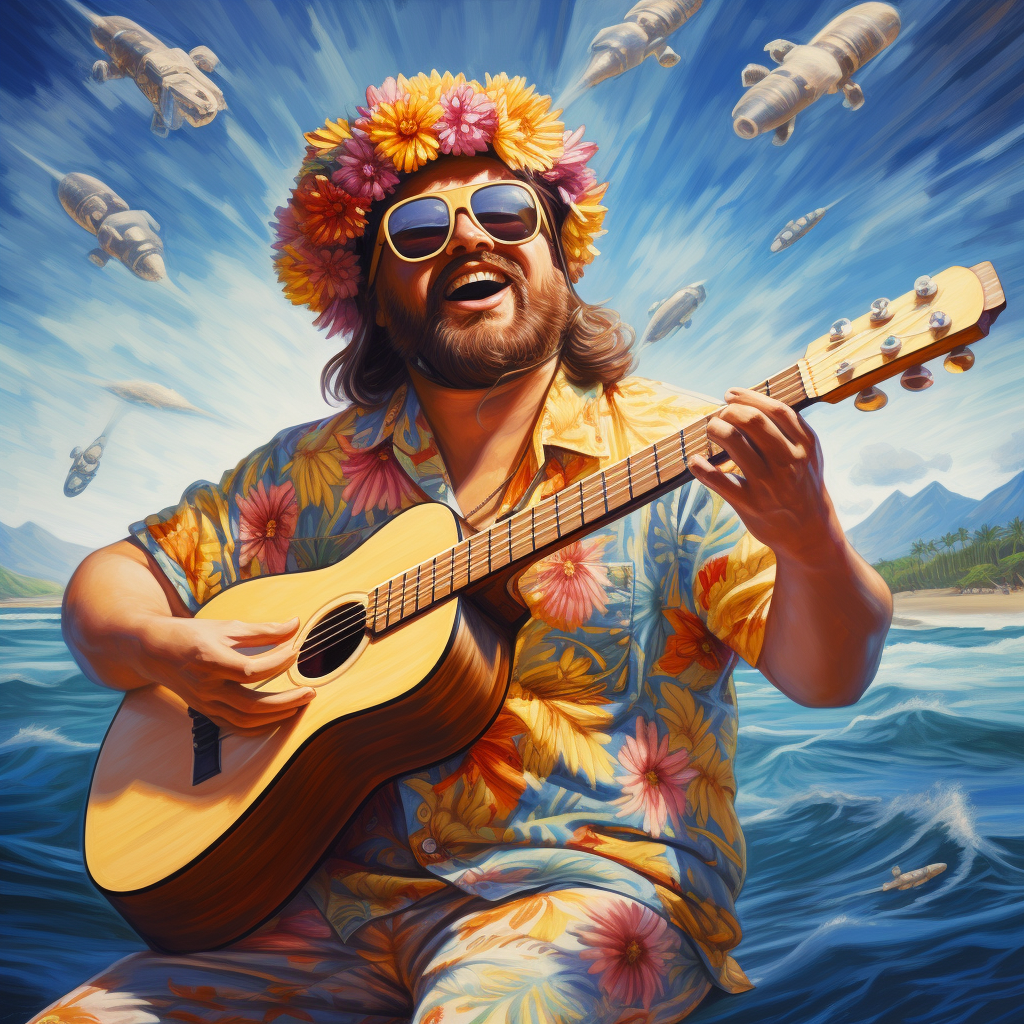 Smiling man playing ukulele with passion