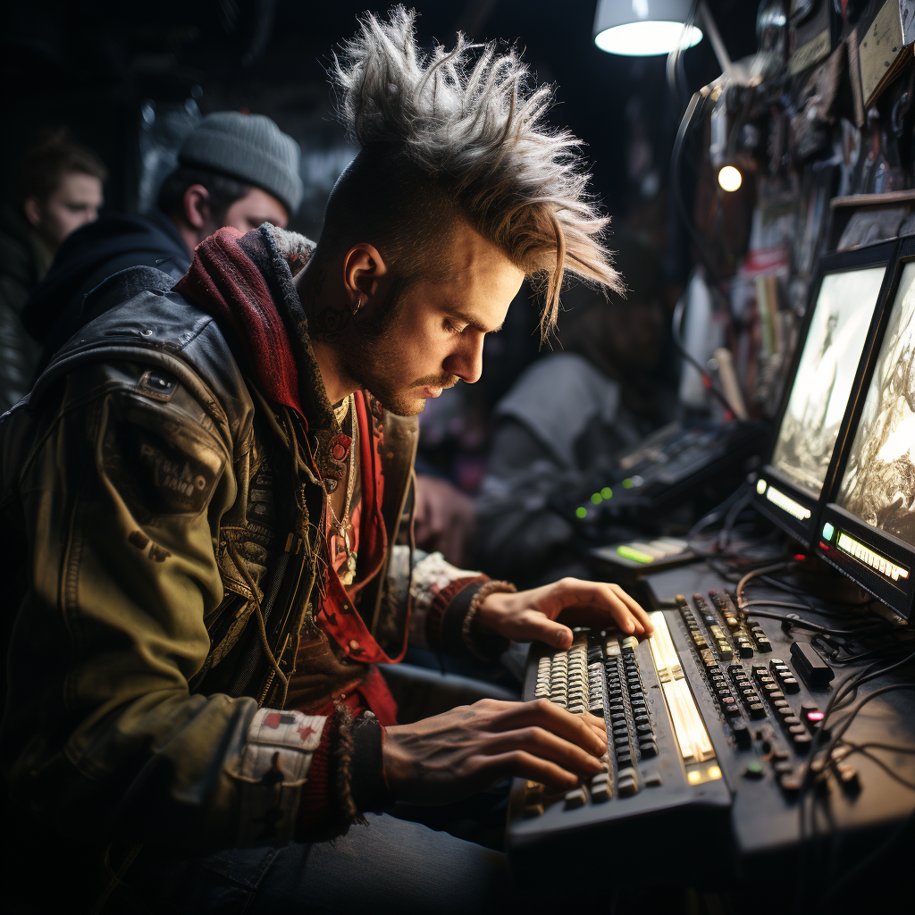 Man playing videogames behind punk band concert