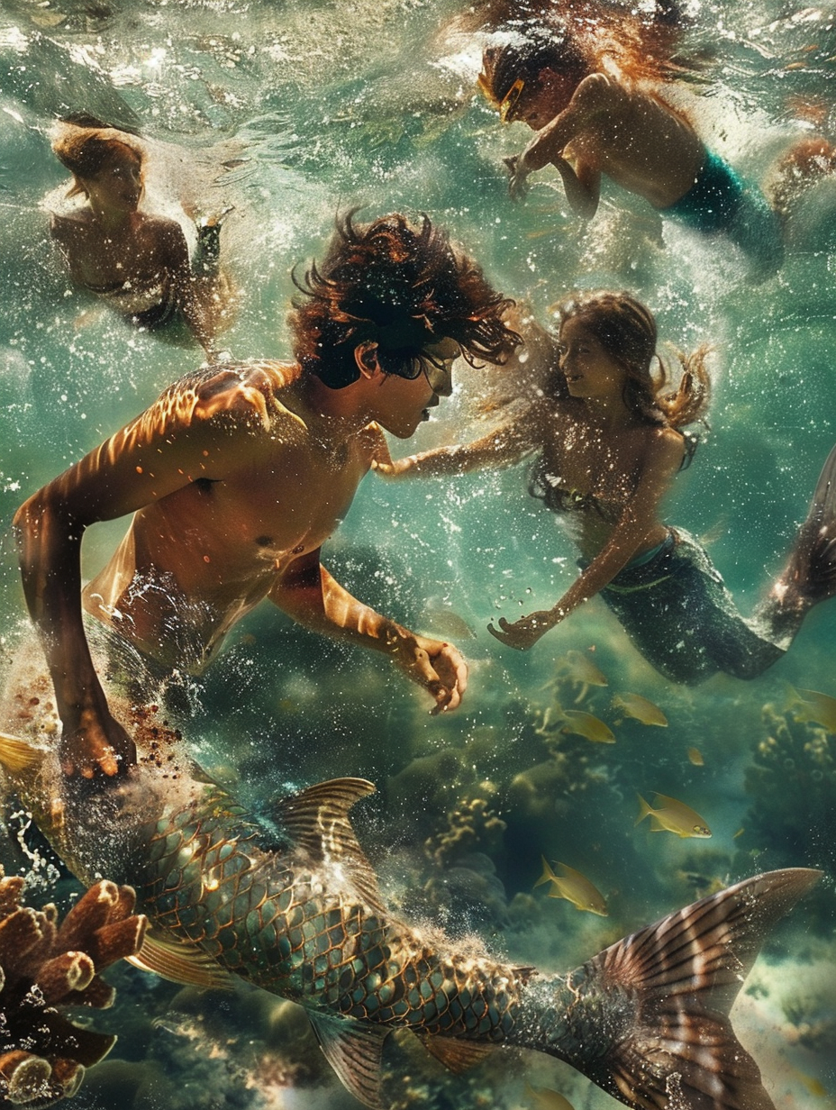 Man playing with mermaids sea