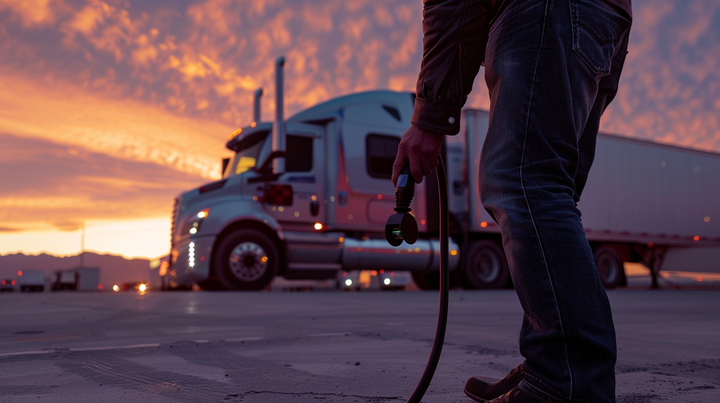 Man plugging EV charger eCascadia sunset desert