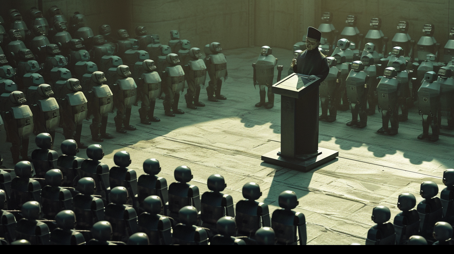 Man giving speech to army of robots