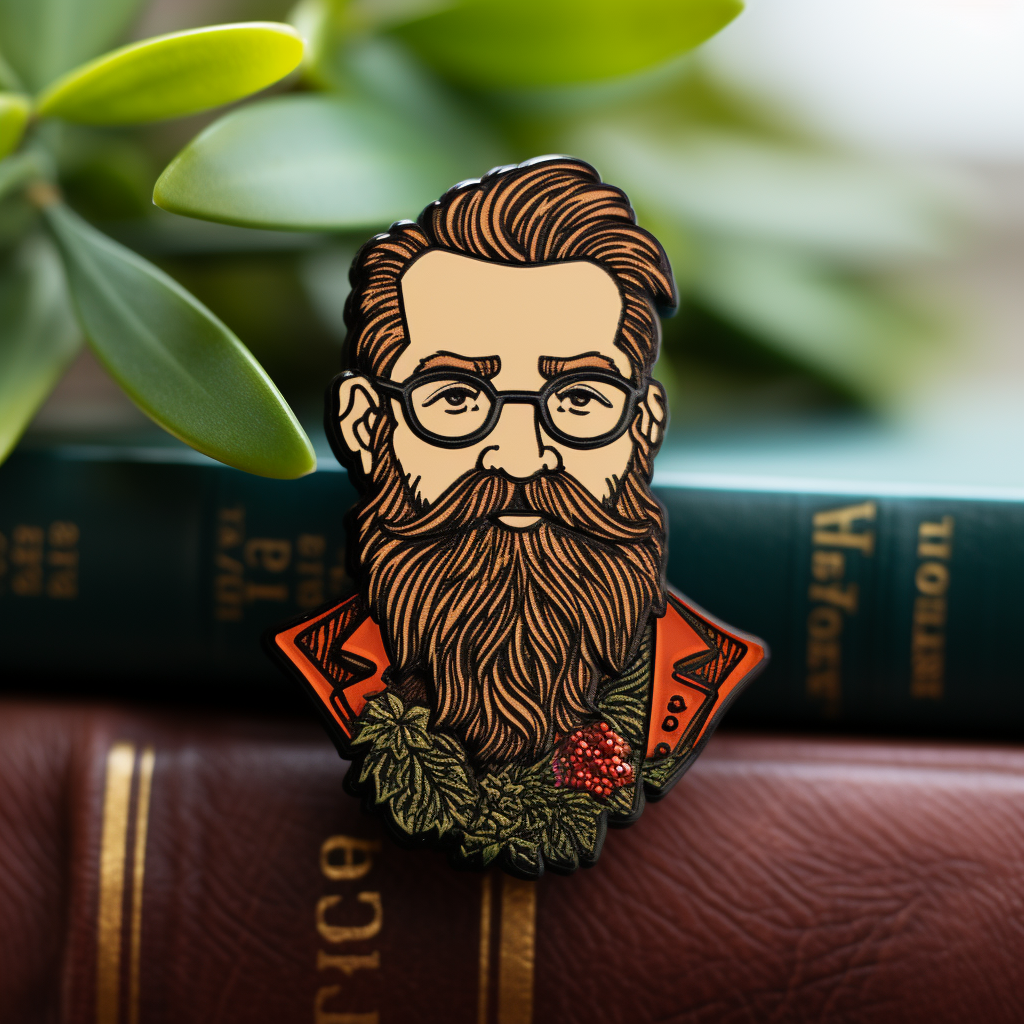 Brooch of stylish man with ponytail, beard, and glasses