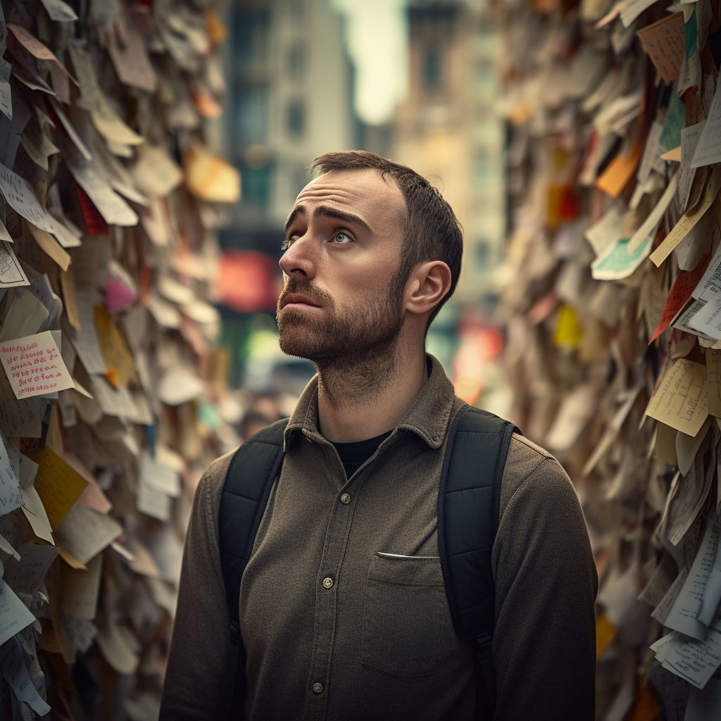 Sad uncertain man covered in post it notes in a crowded street