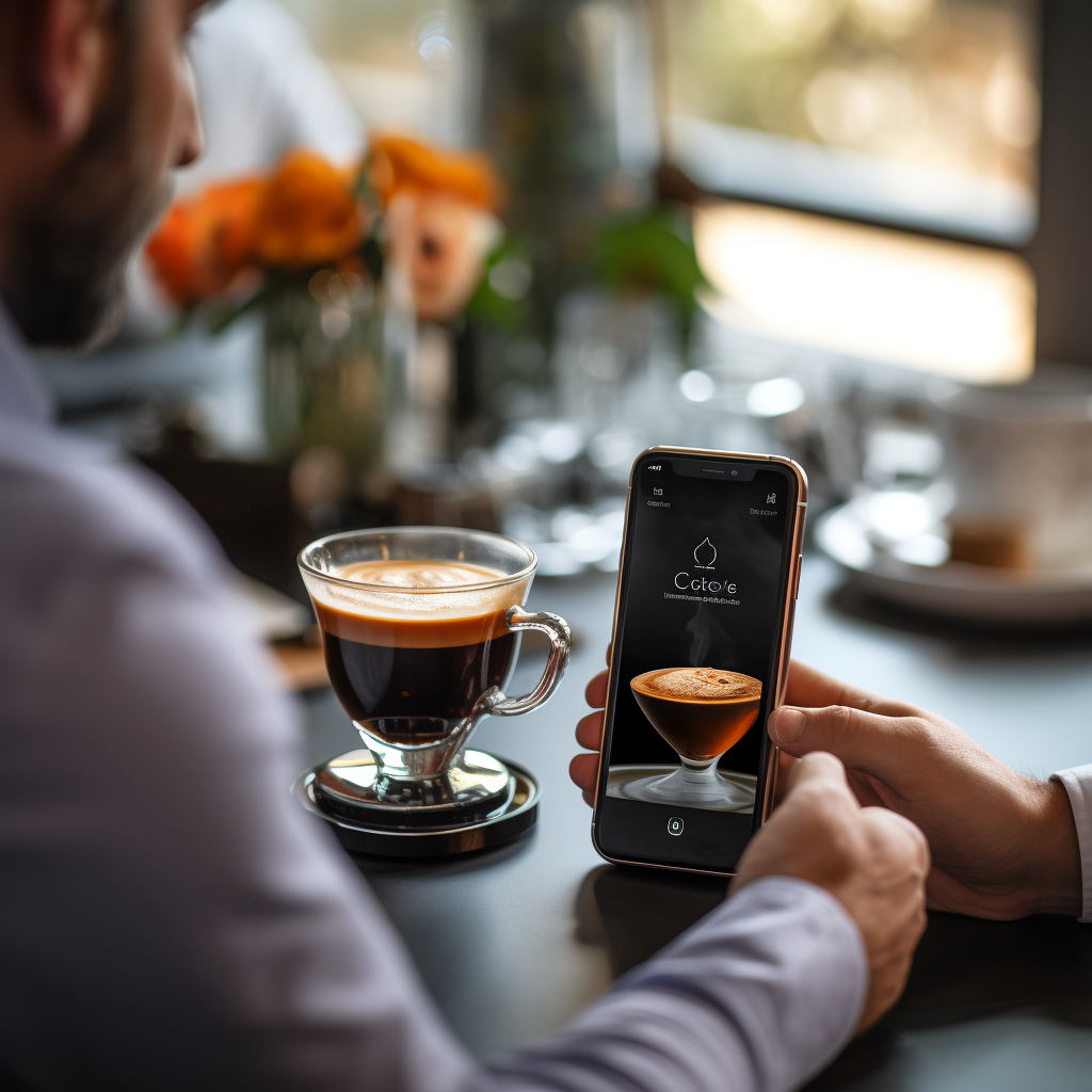 Man pouring espresso from smartphone