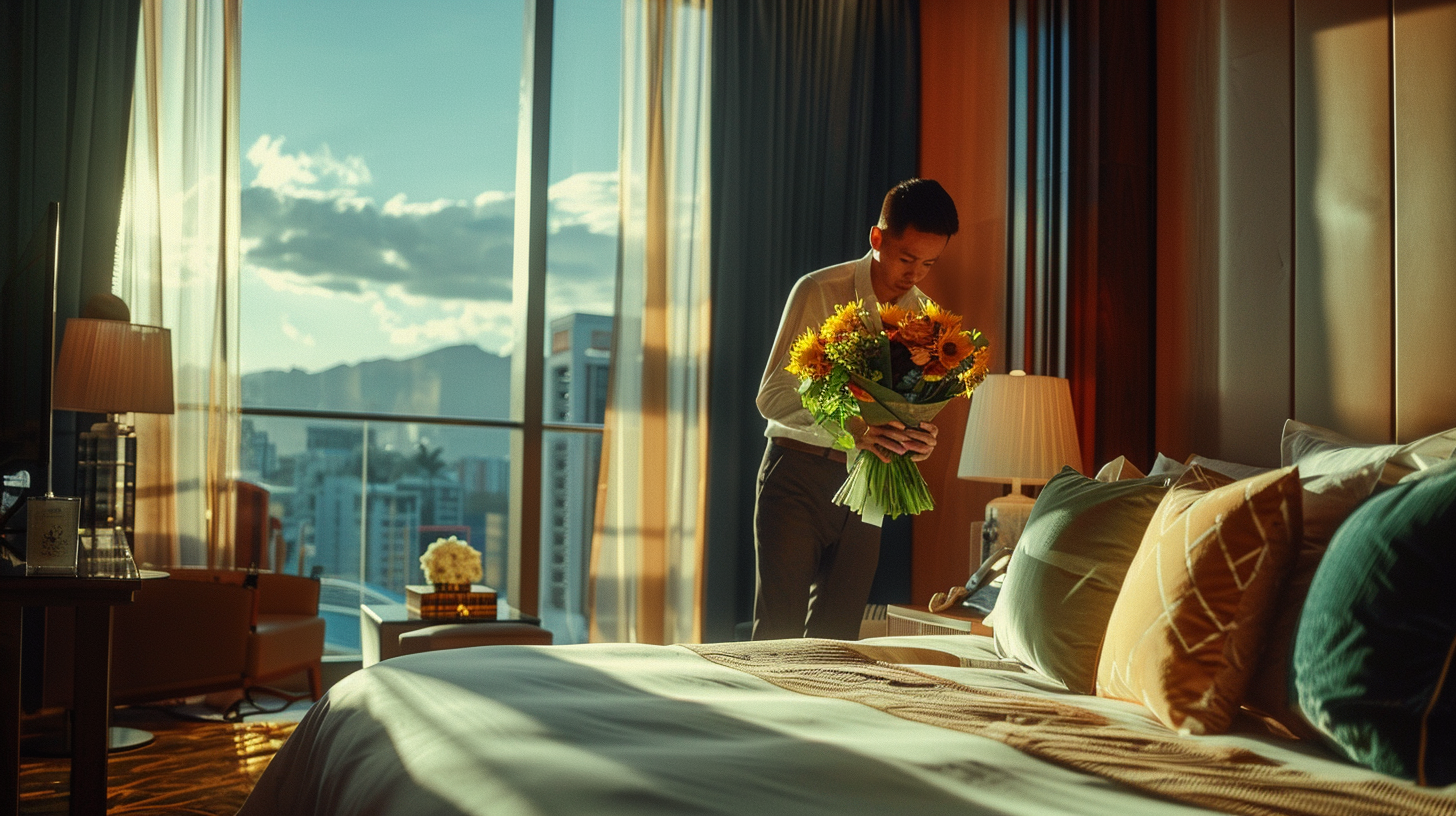 Man making bouquet in hotel room