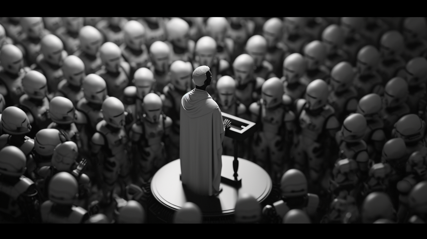 Priest delivering powerful speech to robot army