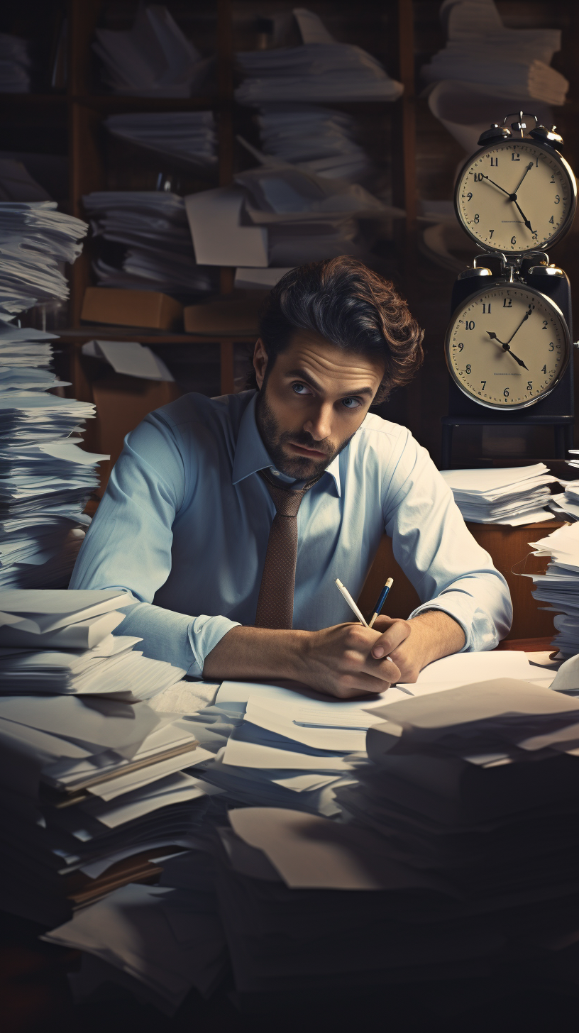 Man overwhelmed by paperwork tasks