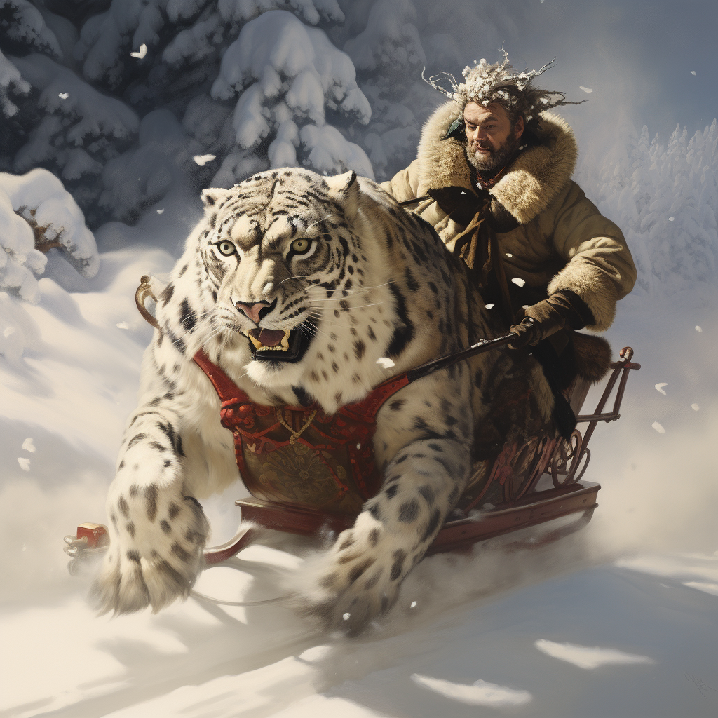 Man pulled on a sleigh by majestic snow leopards