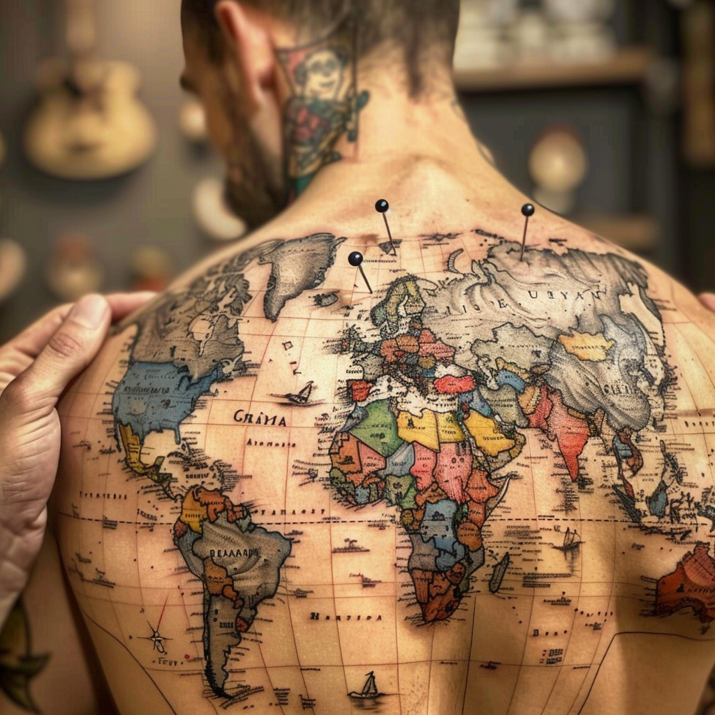 man world map tattoo push pins