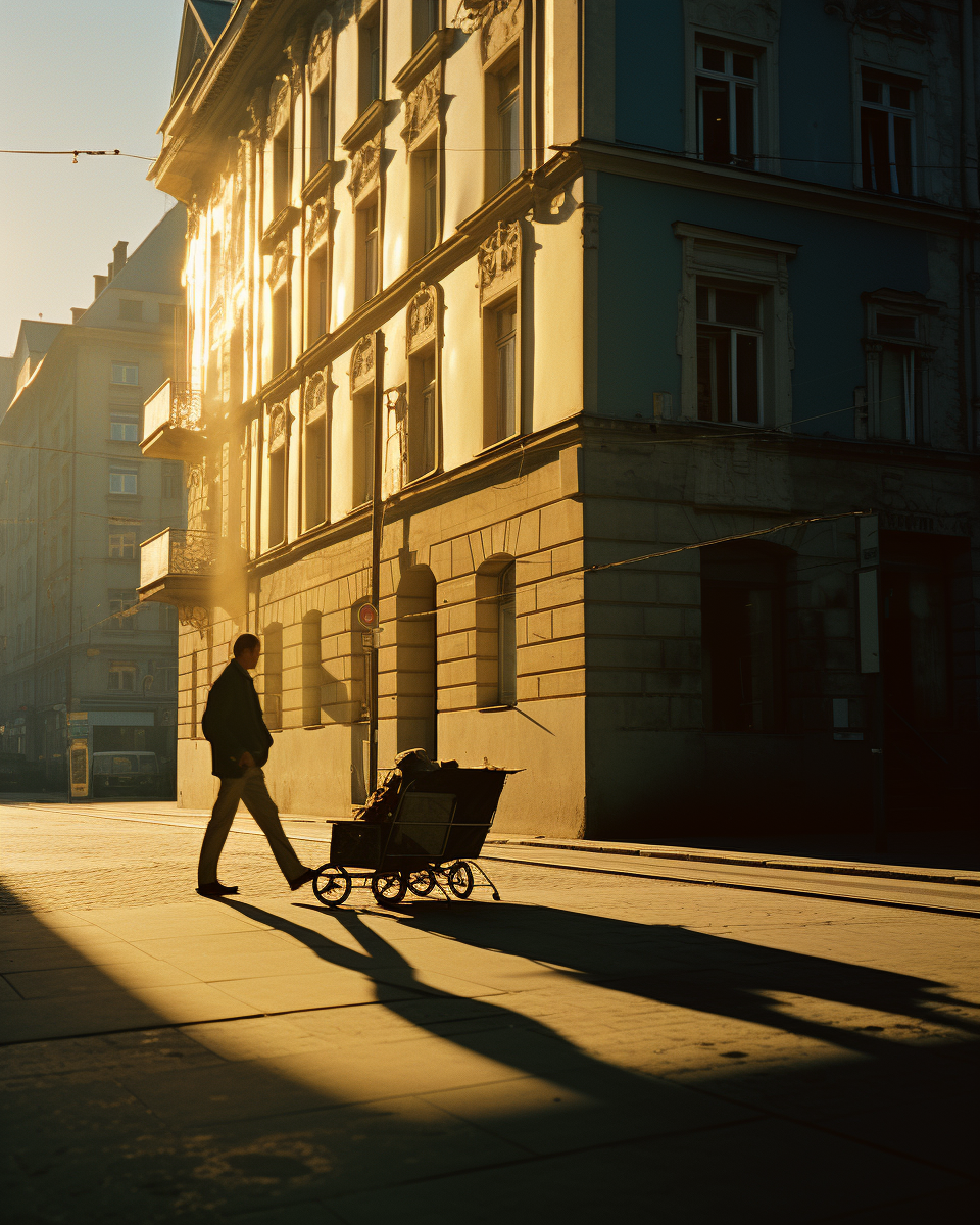 Colorful image of a man pushing a cart in the street