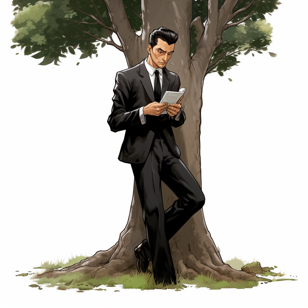 Middle-aged man in black suit reading book under tree