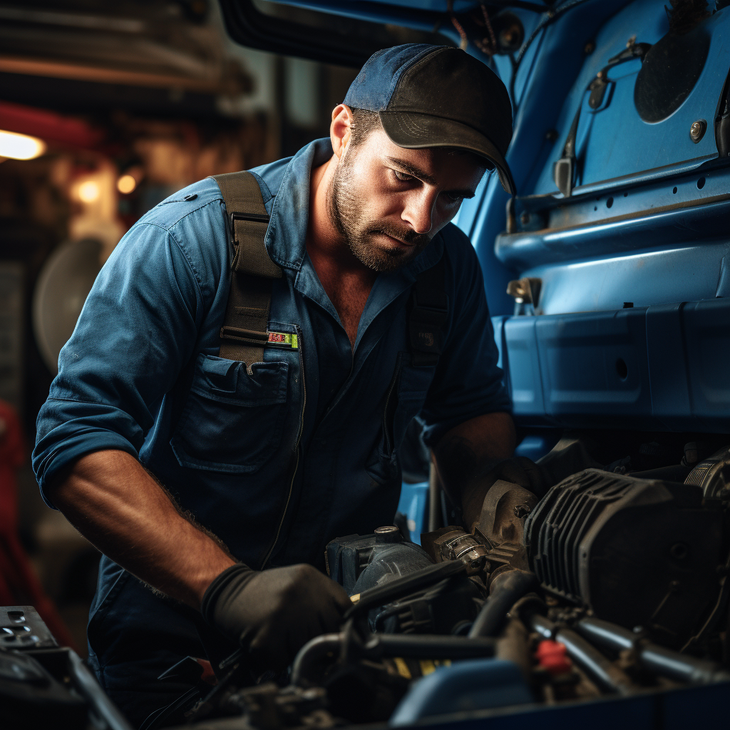 Man with Blue Uniform Repairing Truck Engine