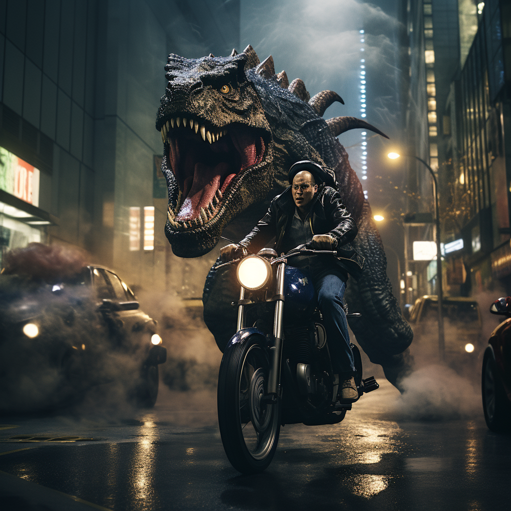 Man riding a T-Rex in Tokyo