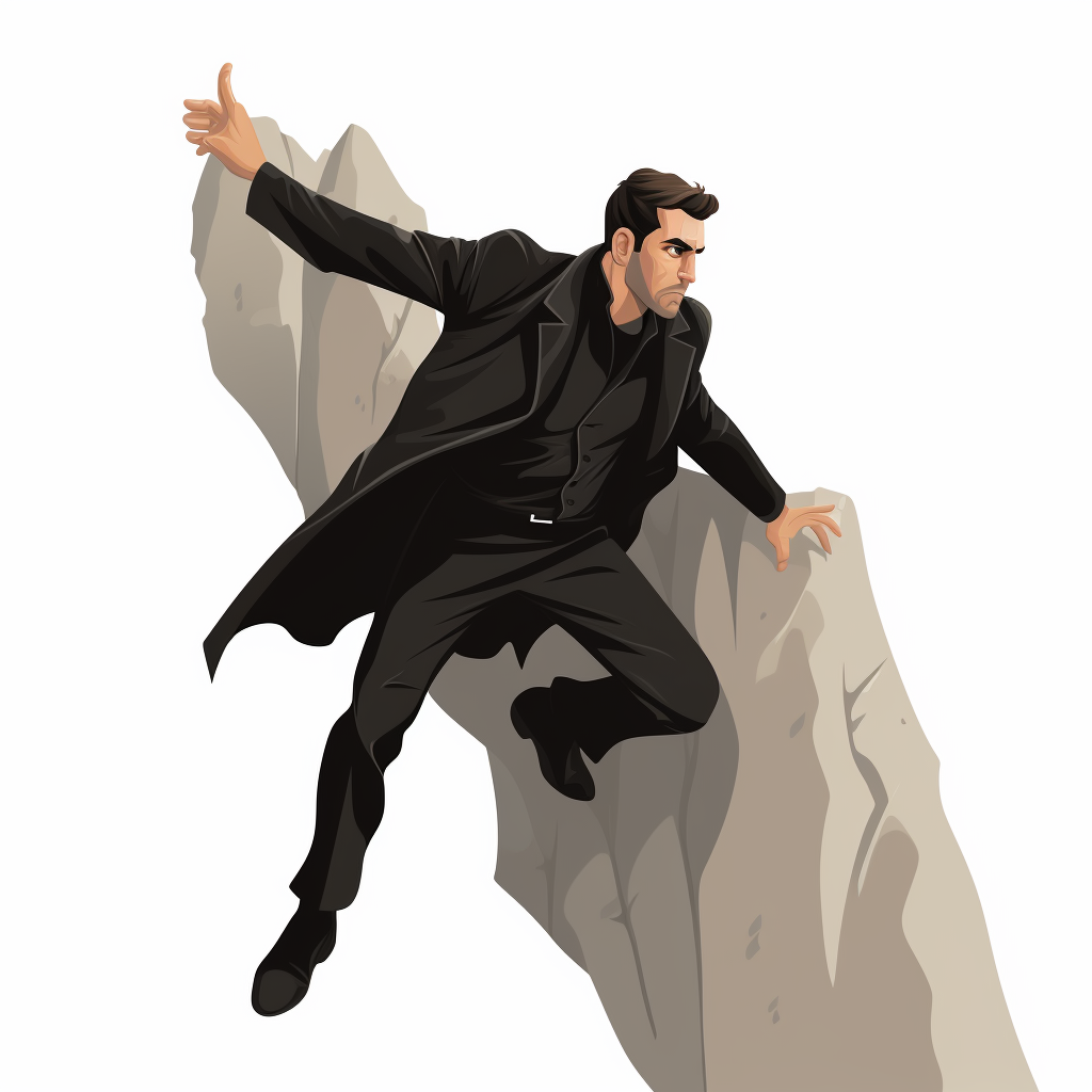 Man rock climbing in black trench coat