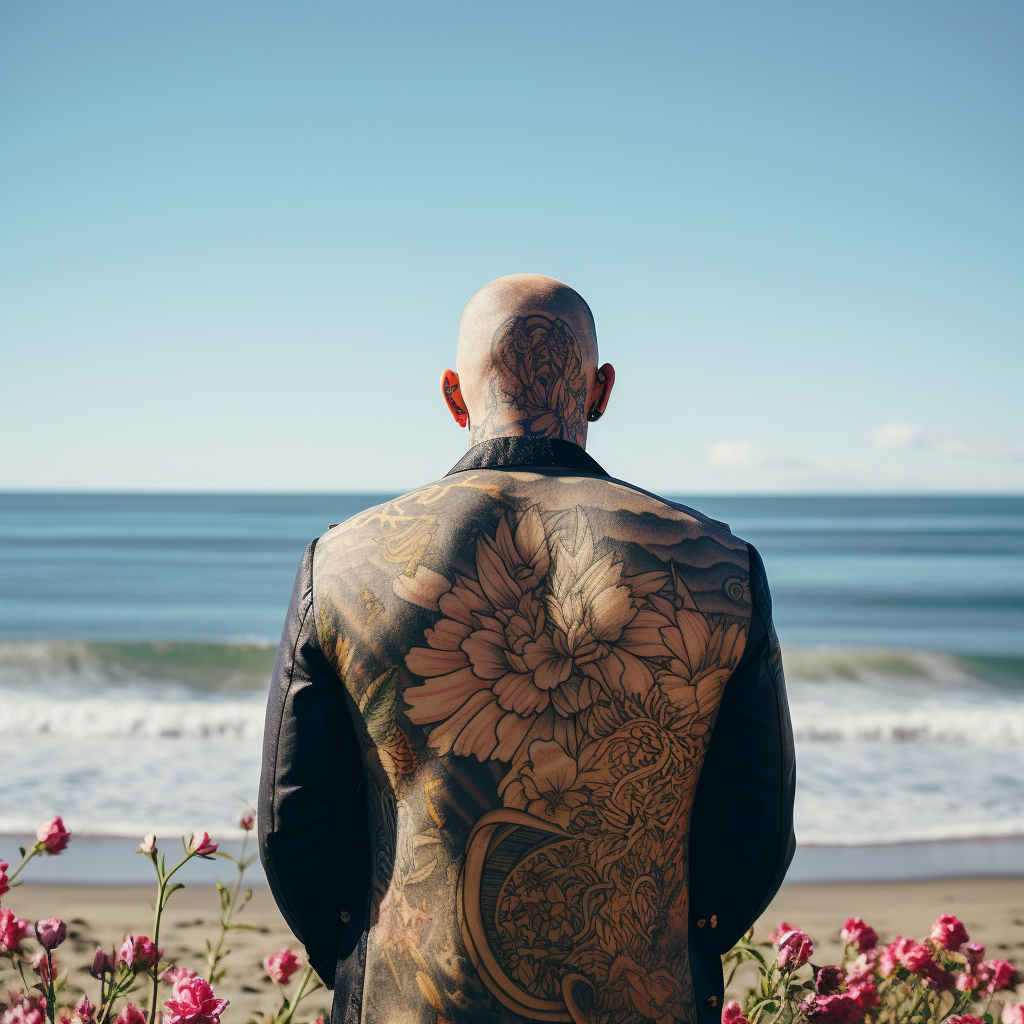 Man with Rose Tattoo looking at sea with kids