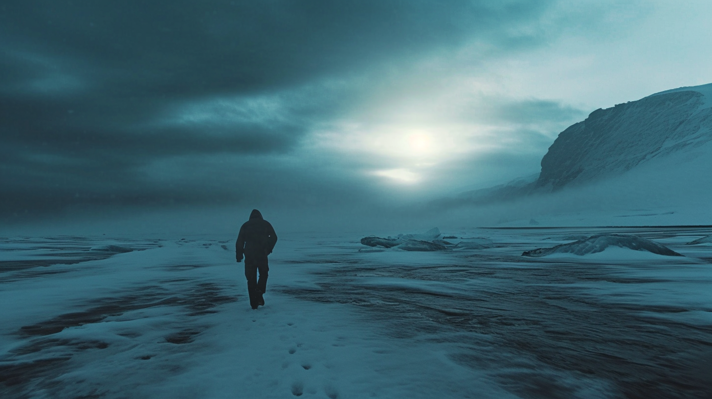 Man running from horizon in Antarctica at dusk