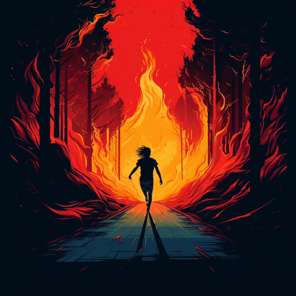 Man running road flames minimalistic