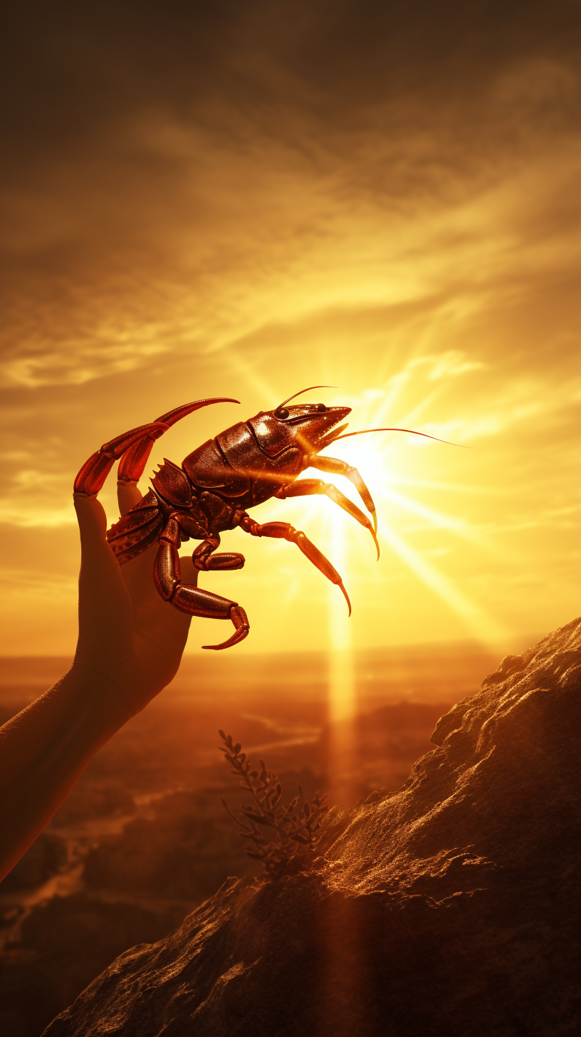 Man with Scorpion Tail Reaching Sun in Nature