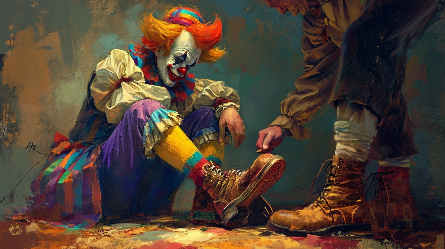 Man shining clown's enormous shoes