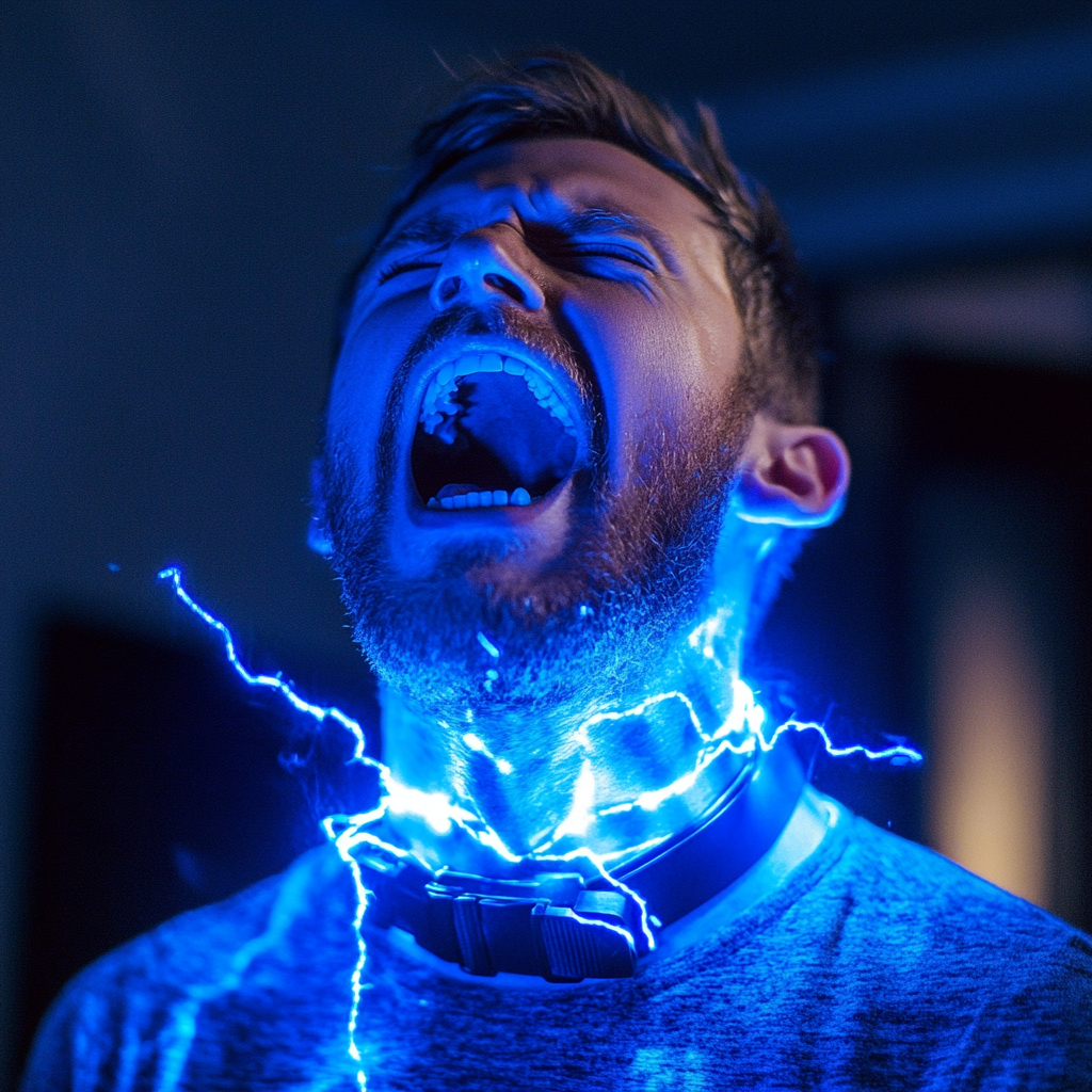 man shocked by collar, blue electricity, bright room, thumbnail