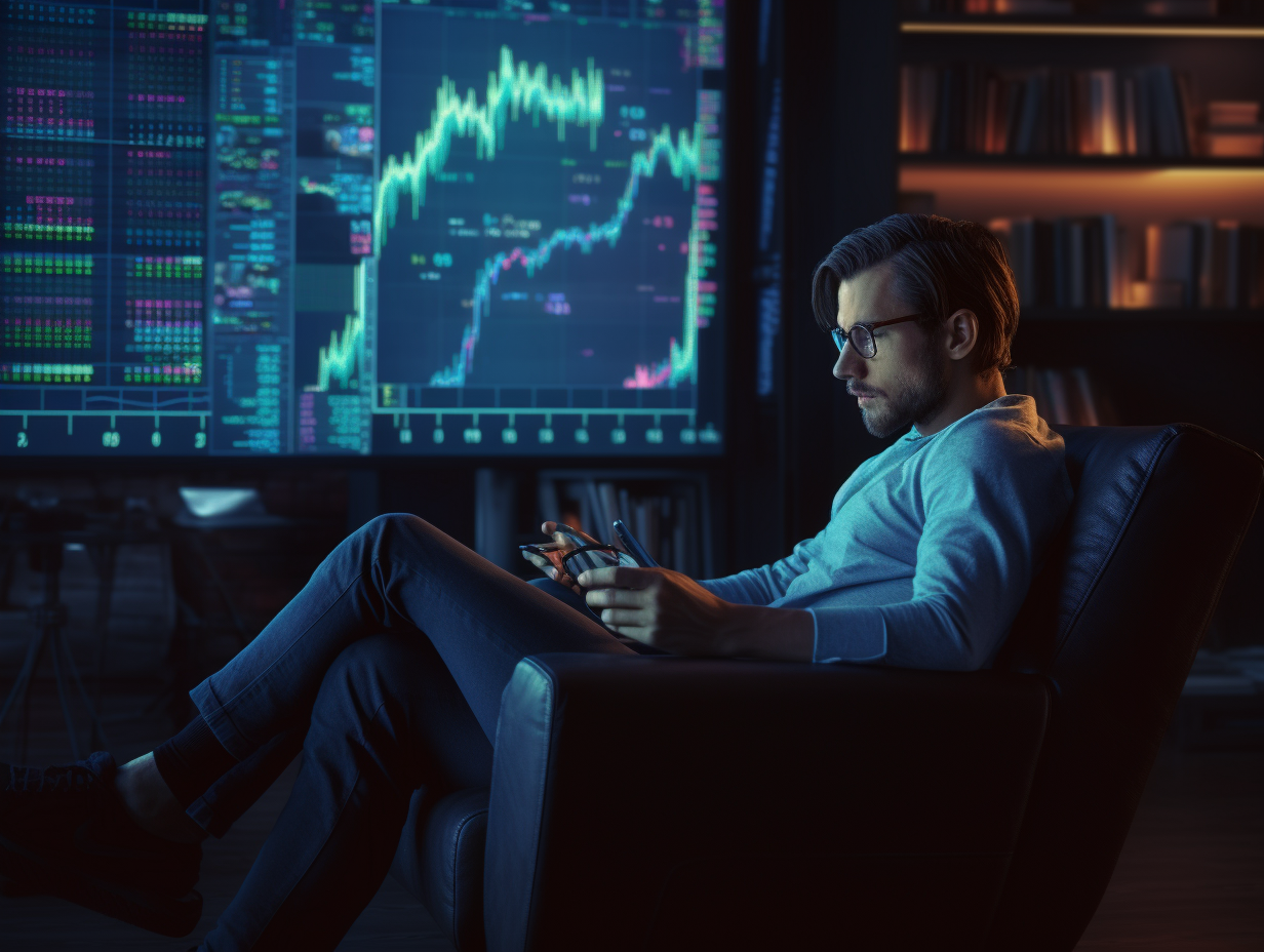 Man sitting on couch with laptop and world stock market trading concept