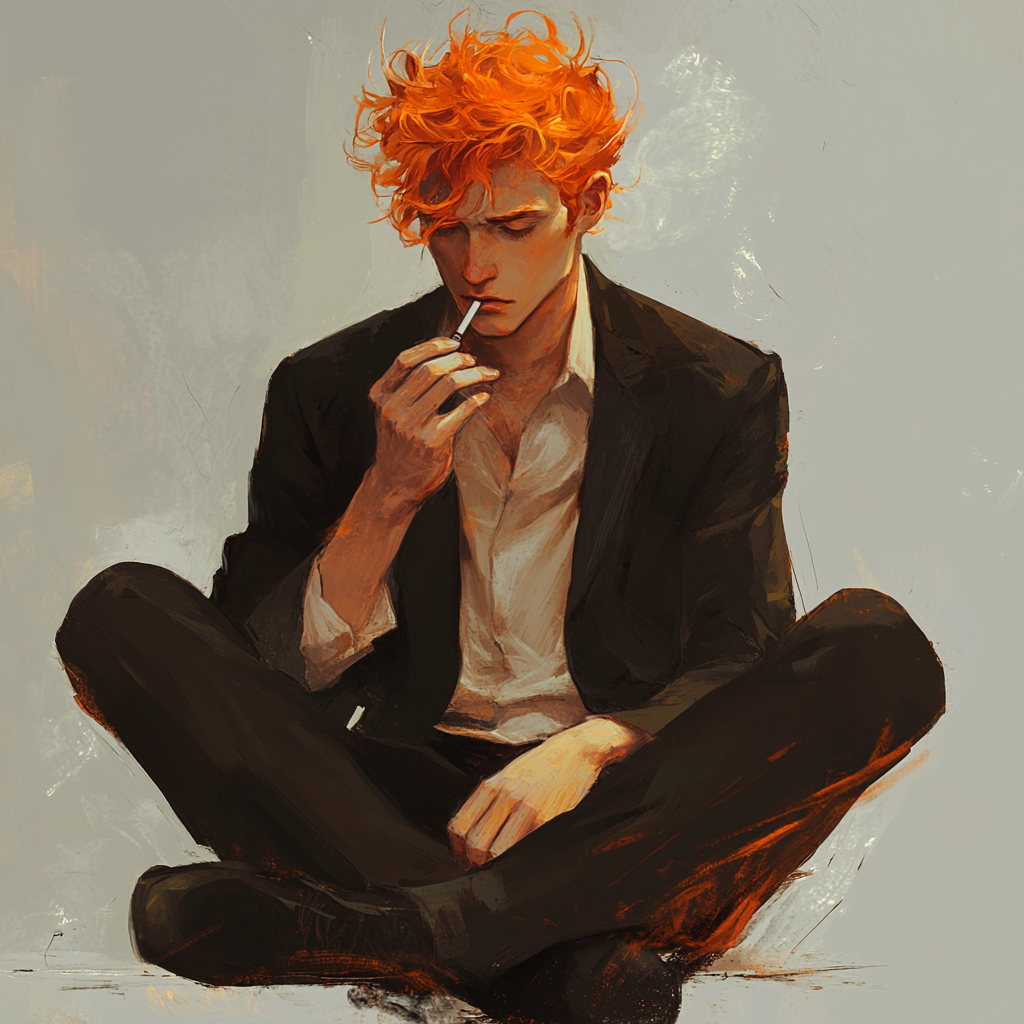 man sitting cross-legged with cigarette, orange hair, rough suit.