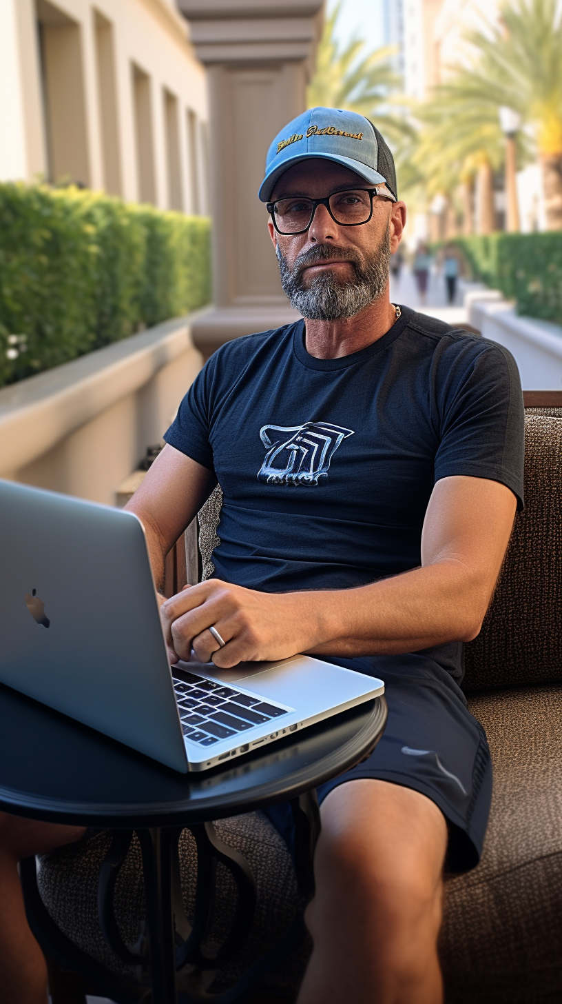 Stylish man with tattoos sitting at desk overlooking Dubai