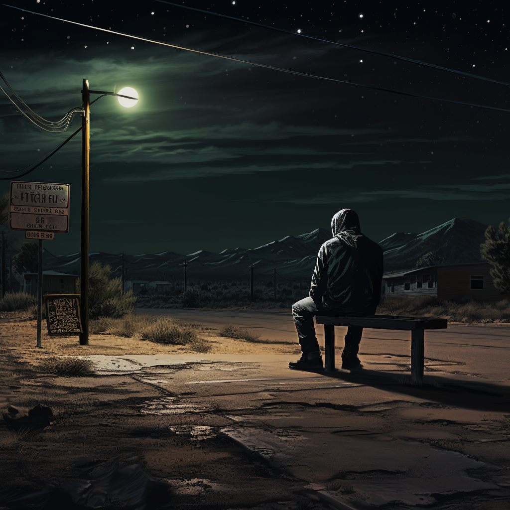 Man sitting on old bench by cracked road at night