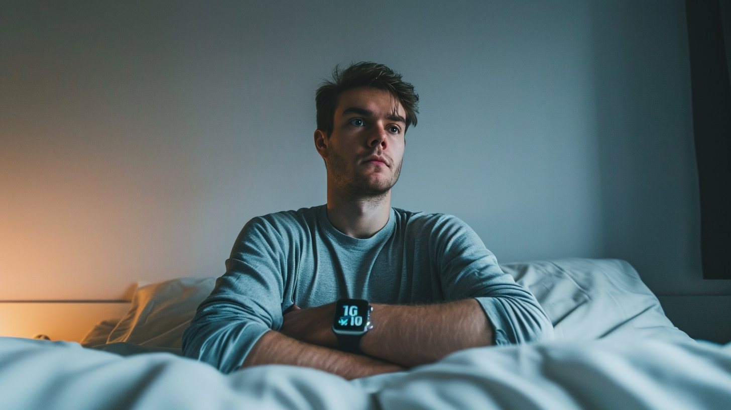 Man sitting on bed with open eyes and Apple Watch