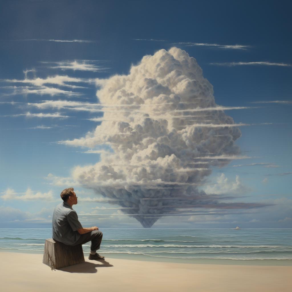 man sitting on cloud looking down