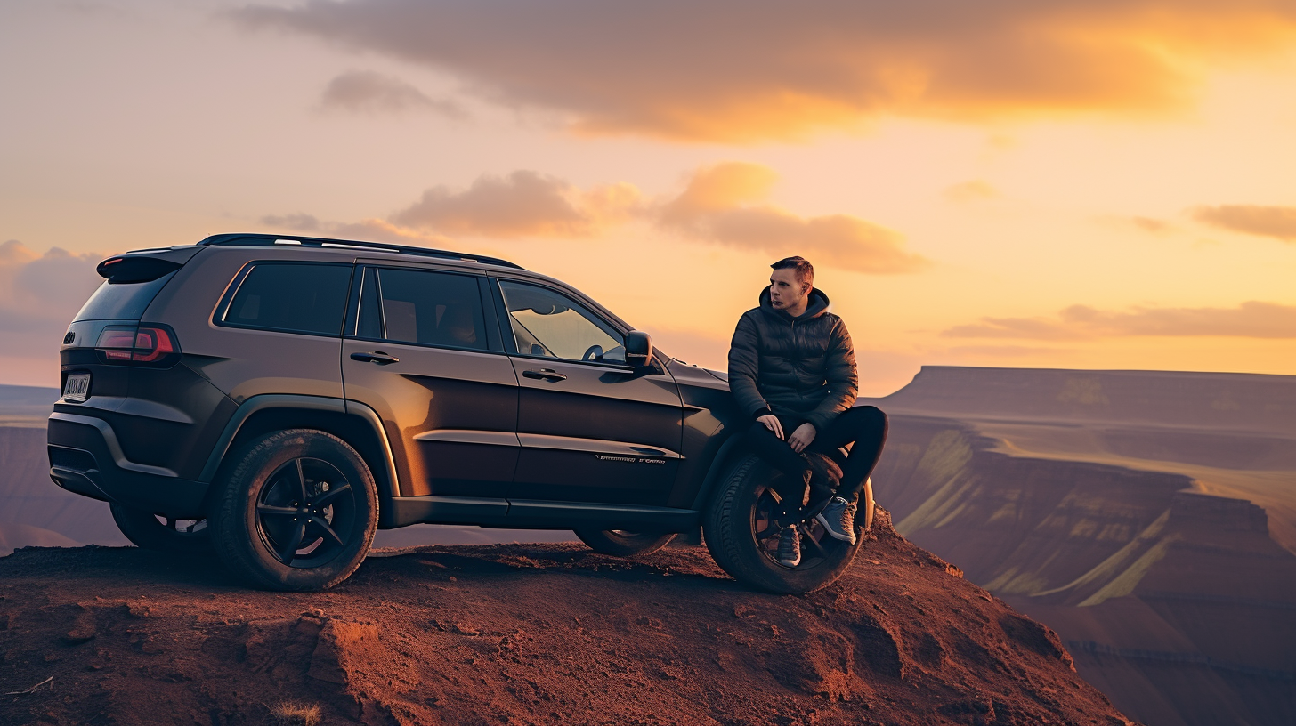 Man sitting on roof of black Grand Jeep Cherokee