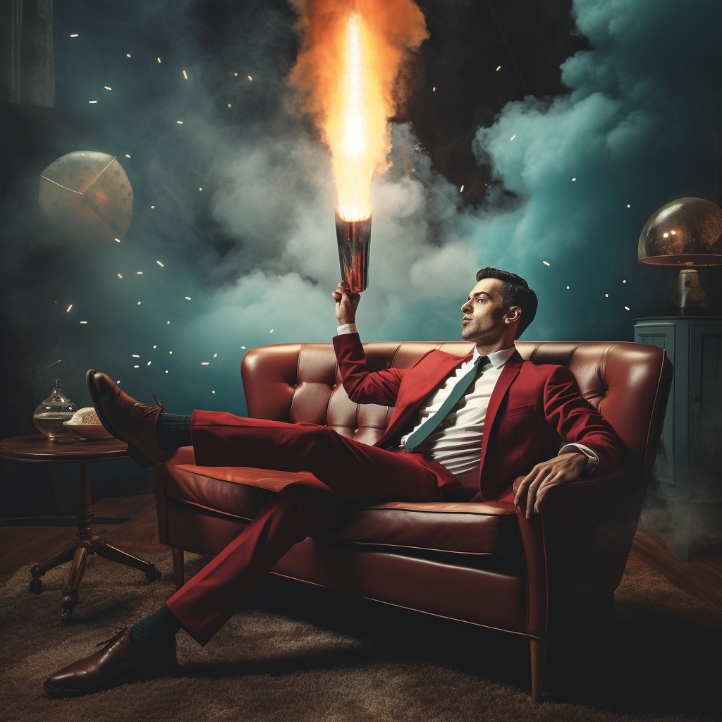 Man on Sofa with Rocket Launch