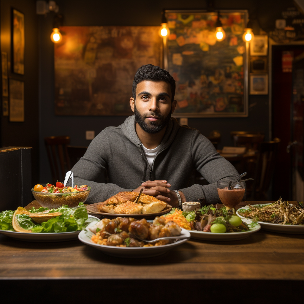 Man Sitting at Table with Food Photography