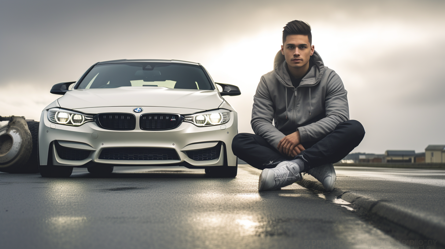 Man sitting in front of white BMW on cloudy day