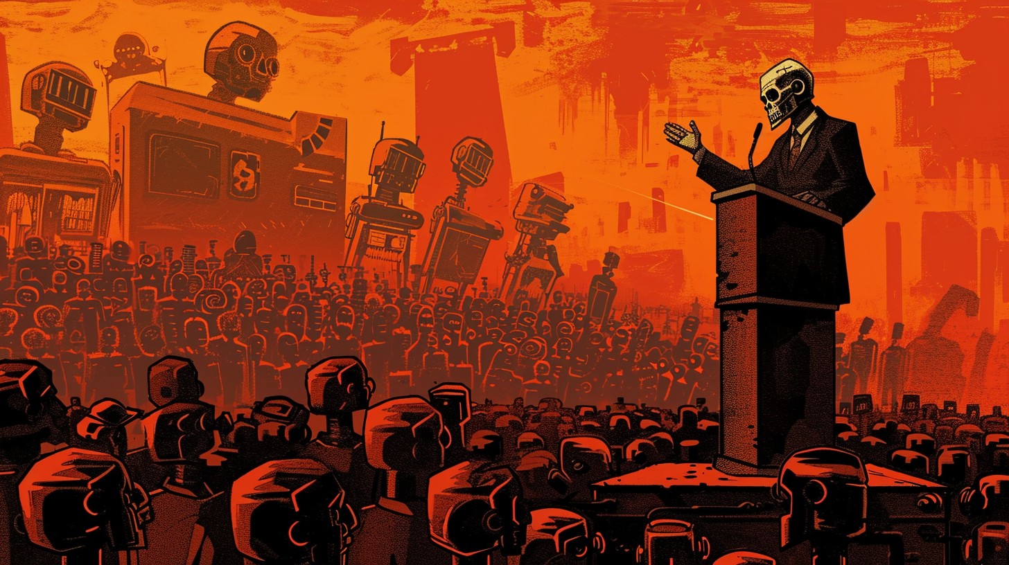 Man with Skull Mask addressing Army of Robots